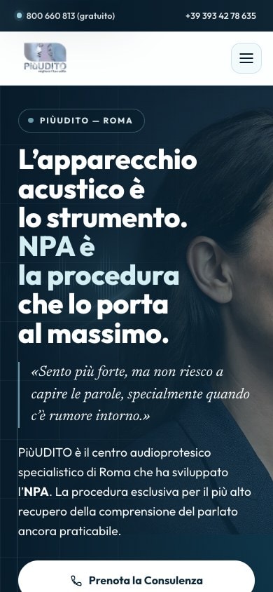 The PiùUDITO homepage on mobile