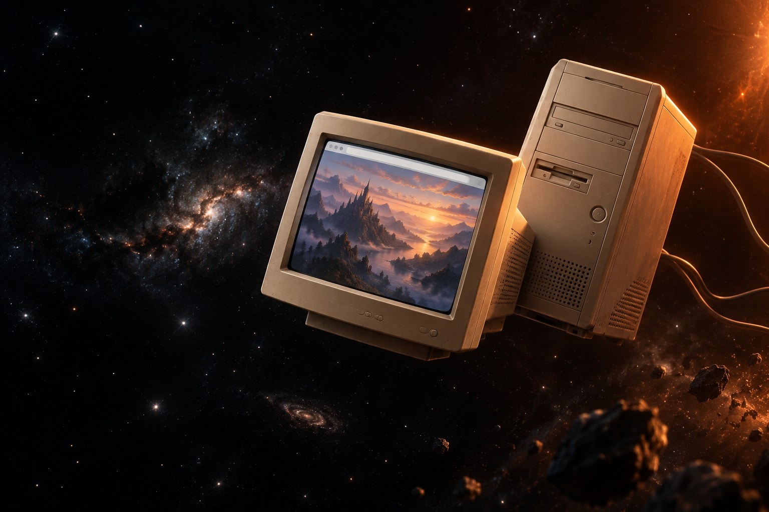 A beige early-2000s desktop computer and CRT monitor drifting in deep space, the screen showing a fantasy landscape in a browser window.
